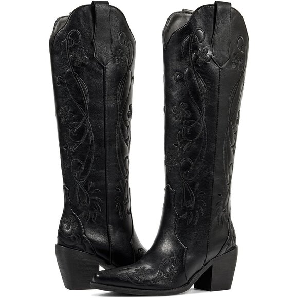 Women's Retro Vintage Black Floral Embroidered Classic Chunky Heel Tall Boot - Picture 2 of 6